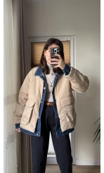 Denim Detay Şişme Mont Bej