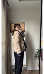 Denim Detay Şişme Mont Bej