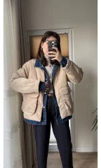 Denim Detay Şişme Mont Bej