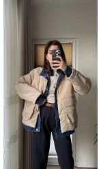 Denim Detay Şişme Mont Bej