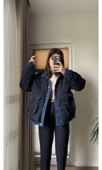 Denim Detay Şişme Mont Lacivert