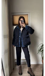 Denim Detay Şişme Mont Lacivert