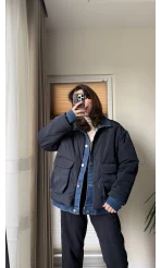 Denim Detay Şişme Mont Lacivert