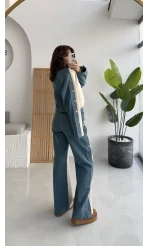 Denim Detaylı Şardonlu Sweatshirt Eşofman Takım - Bej