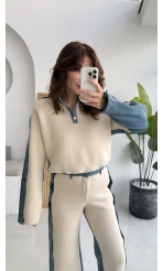 Denim Detaylı Şardonlu Sweatshirt Eşofman Takım - Bej