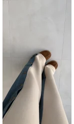 Denim Detaylı Şardonlu Sweatshirt Eşofman Takım - Bej