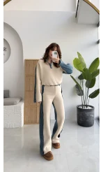 Denim Detaylı Şardonlu Sweatshirt Eşofman Takım - Bej