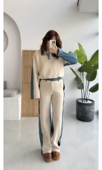 Denim Detaylı Şardonlu Sweatshirt Eşofman Takım - Bej