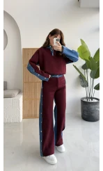 Denim Detaylı Şardonlu Sweatshirt Eşofman Takım - Bordo