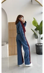 Denim Detaylı Şardonlu Sweatshirt Eşofman Takım - Bordo