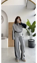 Denim Detaylı Şardonlu Sweatshirt Eşofman Takım - Gri