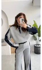 Denim Detaylı Şardonlu Sweatshirt Eşofman Takım - Gri