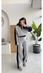 Denim Detaylı Şardonlu Sweatshirt Eşofman Takım - Gri