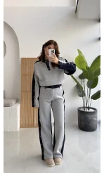 Denim Detaylı Şardonlu Sweatshirt Eşofman Takım - Gri