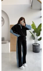 Denim Detaylı Şardonlu Sweatshirt Eşofman Takım - Siyah