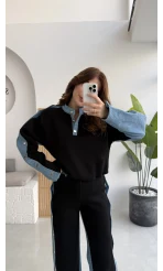 Denim Detaylı Şardonlu Sweatshirt Eşofman Takım - Siyah