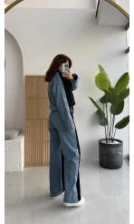 Denim Detaylı Şardonlu Sweatshirt Eşofman Takım - Siyah