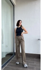 Deri Görünümlü Haki Palazzo Pantolon