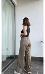 Deri Görünümlü Haki Palazzo Pantolon