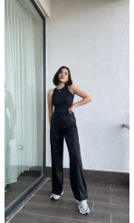 Deri Görünümlü Siyah Palazzo Pantolon