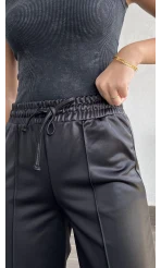 Deri Görünümlü Siyah Palazzo Pantolon