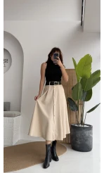 Deri Kemerli Eteği Düğmeli Elbise - Siyah Krem