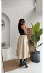 Deri Kemerli Eteği Düğmeli Elbise - Siyah Krem