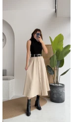 Deri Kemerli Eteği Düğmeli Elbise - Siyah Krem