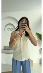 Derpy Sıfır Kol Boyundan Geçmeli Bluz - Natural - 5354