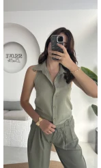 Derpy Sıfır Kol Boyundan Geçmeli Bluz - Yeşil - 5354