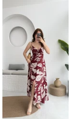 Desenli Askılı Elbise - 3010 - Bordo