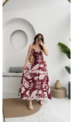 Desenli Askılı Elbise - 3010 - Bordo