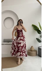 Desenli Askılı Elbise - 3010 - Bordo