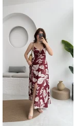 Desenli Askılı Elbise - 3010 - Bordo