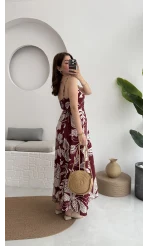 Desenli Askılı Elbise - 3010 - Bordo