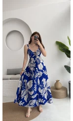 Desenli Askılı Elbise - 3010 - Mavi