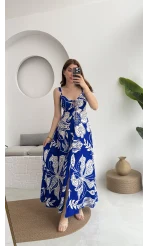 Desenli Askılı Elbise - 3010 - Mavi