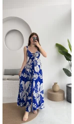 Desenli Askılı Elbise - 3010 - Mavi
