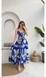 Desenli Askılı Elbise - 3010 - Mavi