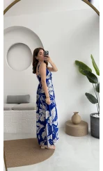 Desenli Askılı Elbise - 3010 - Mavi