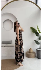 Desenli Askılı Elbise - 35210 - 2 - Siyah