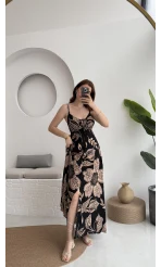 Desenli Askılı Elbise - 35210 - 2 - Siyah