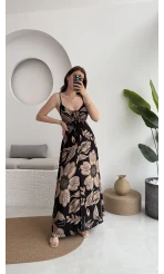Desenli Askılı Elbise - 35210 - 2 - Siyah