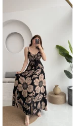 Desenli Askılı Elbise - 35210 - 2 - Siyah