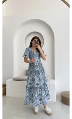 Desenli Elbise Mavi - 3033