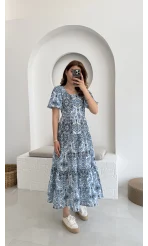 Desenli Elbise Mavi - 3033