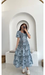 Desenli Elbise Mavi - 3033