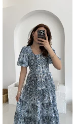 Desenli Elbise Mavi - 3033