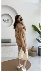 Desenli Gömlek Şortlu Takım Hardal