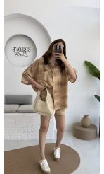 Desenli Gömlek Şortlu Takım Hardal